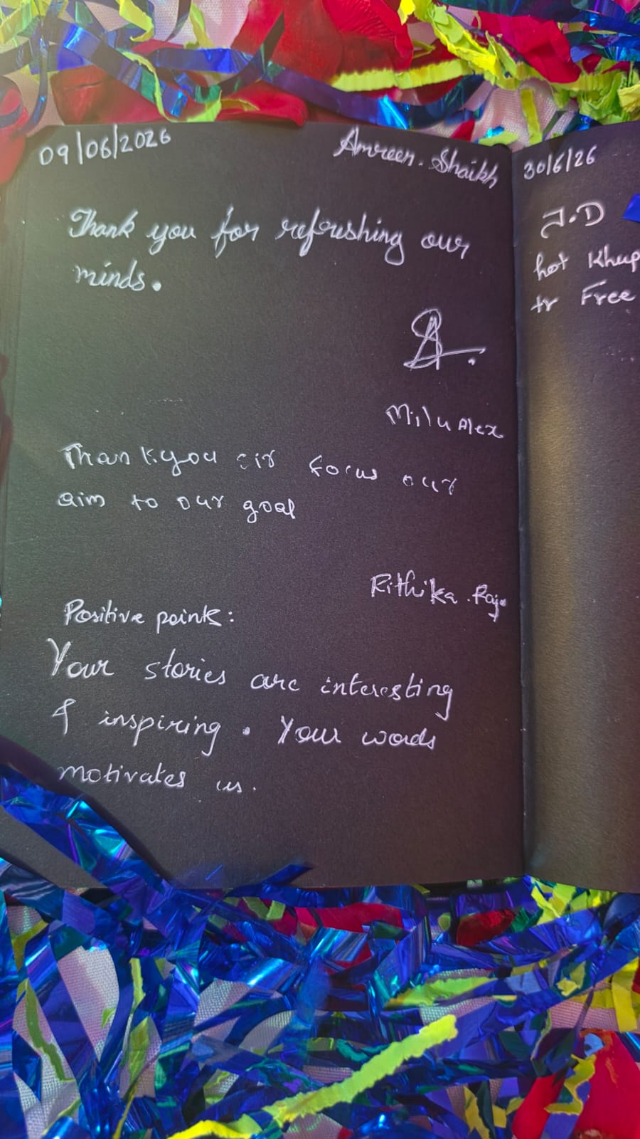 Handwritten note from Amreen Shaikh · Rithika Raje