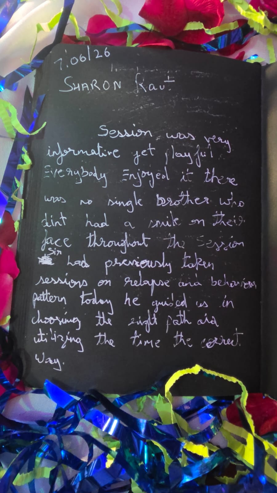 Handwritten note from a patient's session memory book