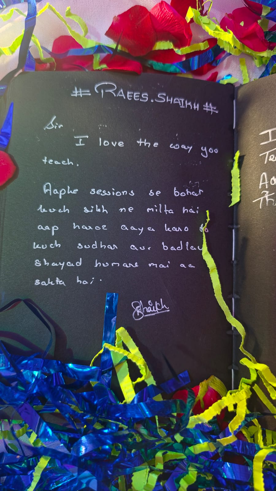 Handwritten note from Raees Shaikh