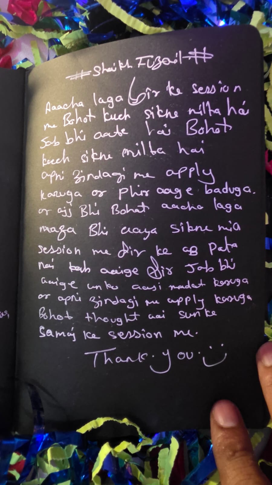 Handwritten note from Shaikh Fuzail