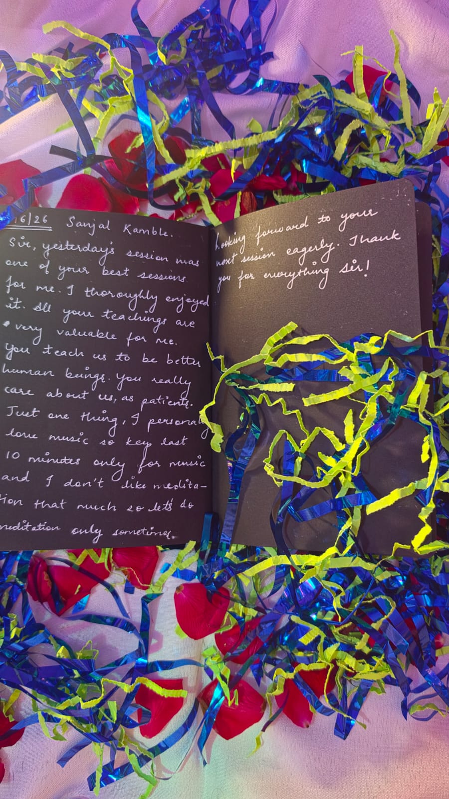 Handwritten note from a patient's session memory book