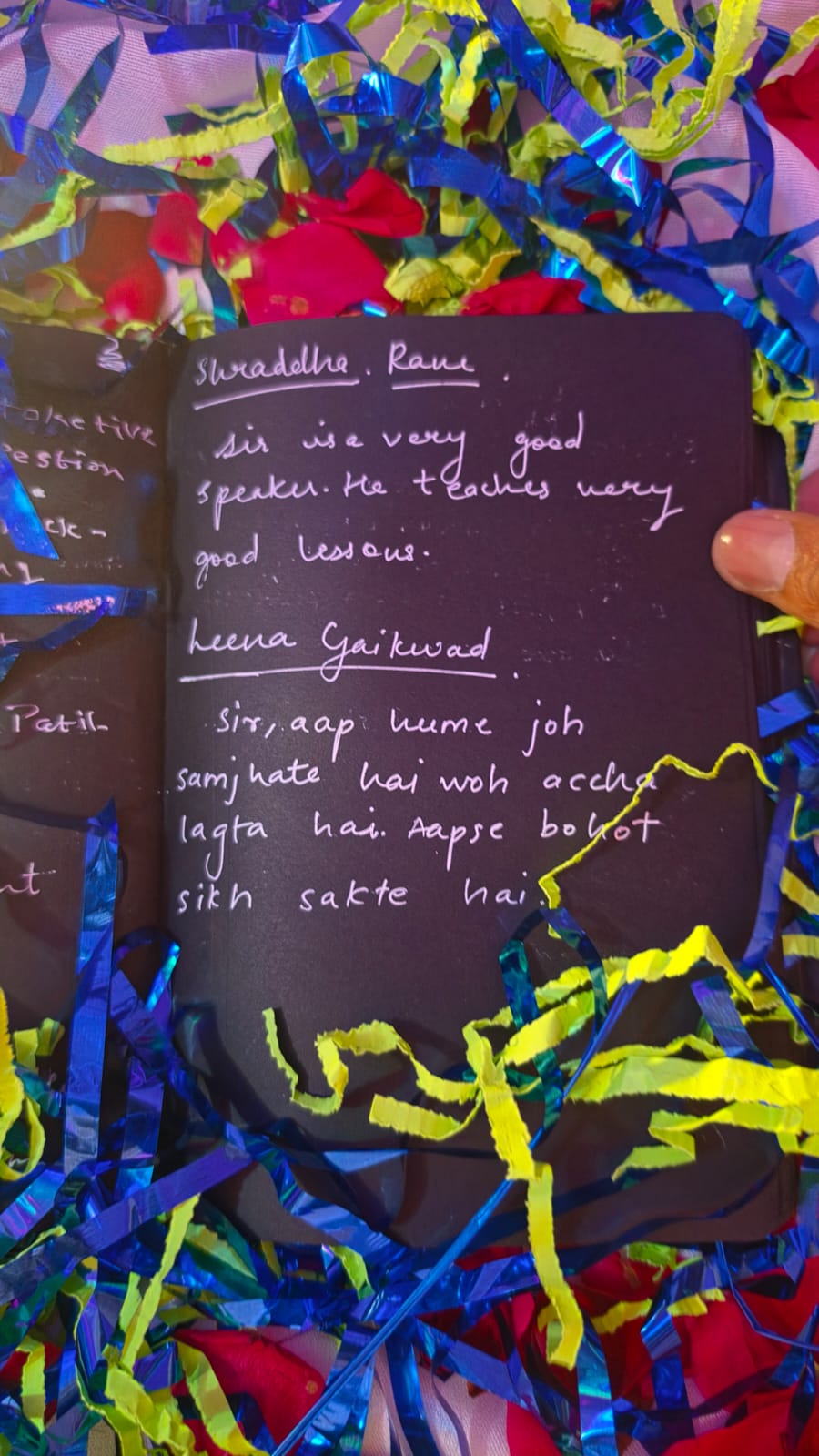 Handwritten note from a patient's session memory book
