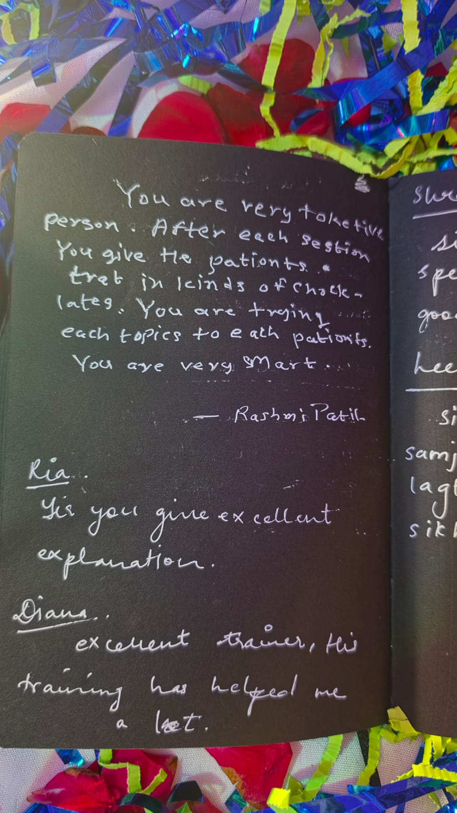 Handwritten note from a patient's session memory book