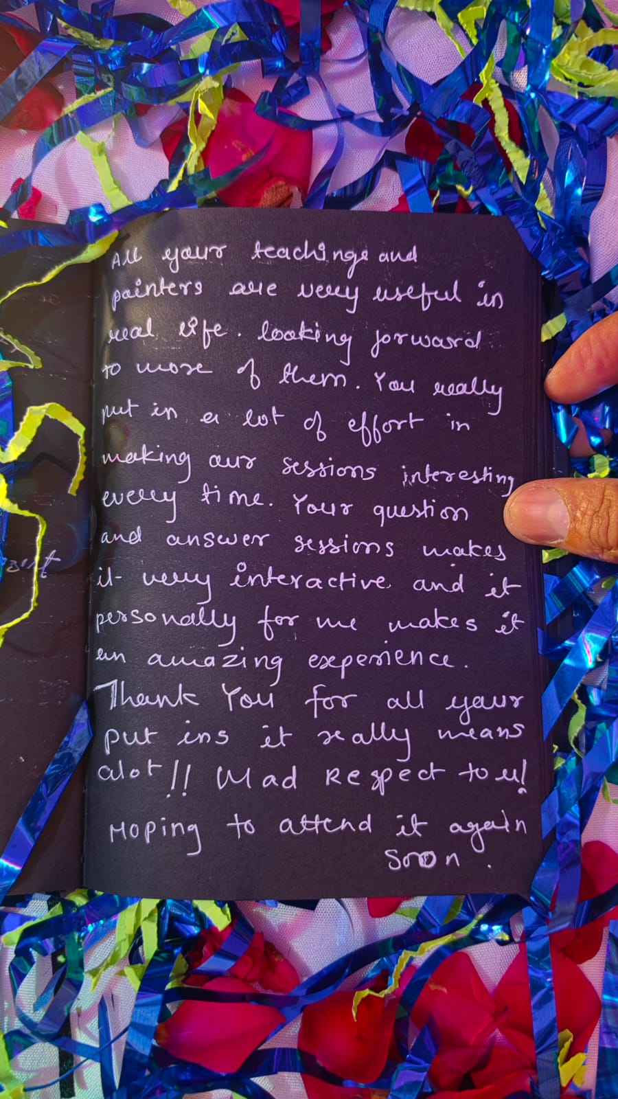 Handwritten note from a patient's session memory book