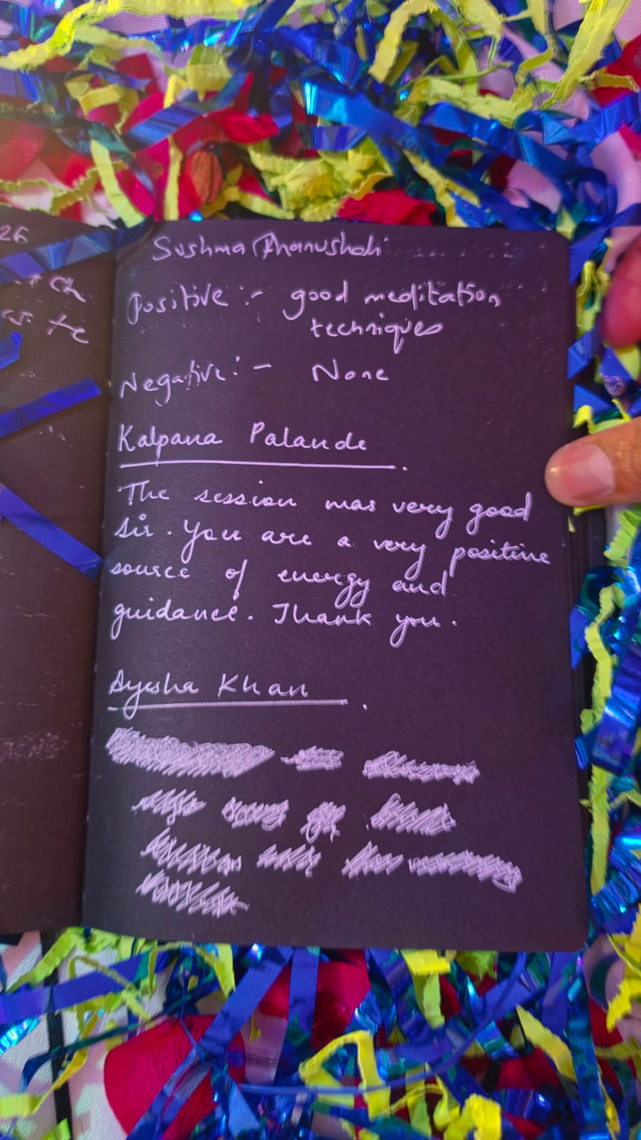 Handwritten note from a patient's session memory book
