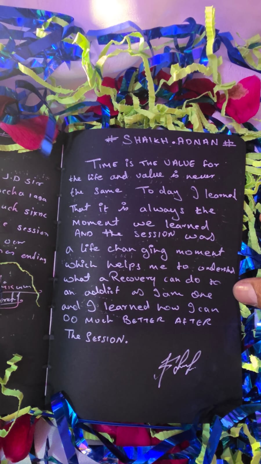 Handwritten note from a patient's session memory book