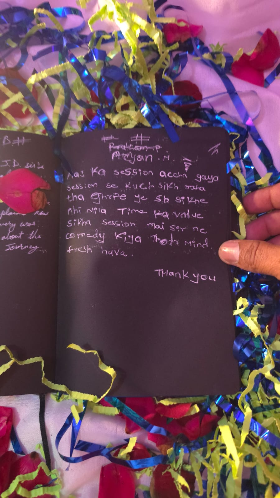 Handwritten note from a patient's session memory book