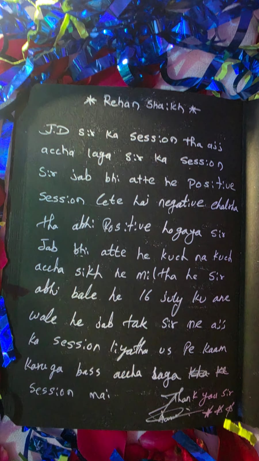 Handwritten note from Mohit Mhatre