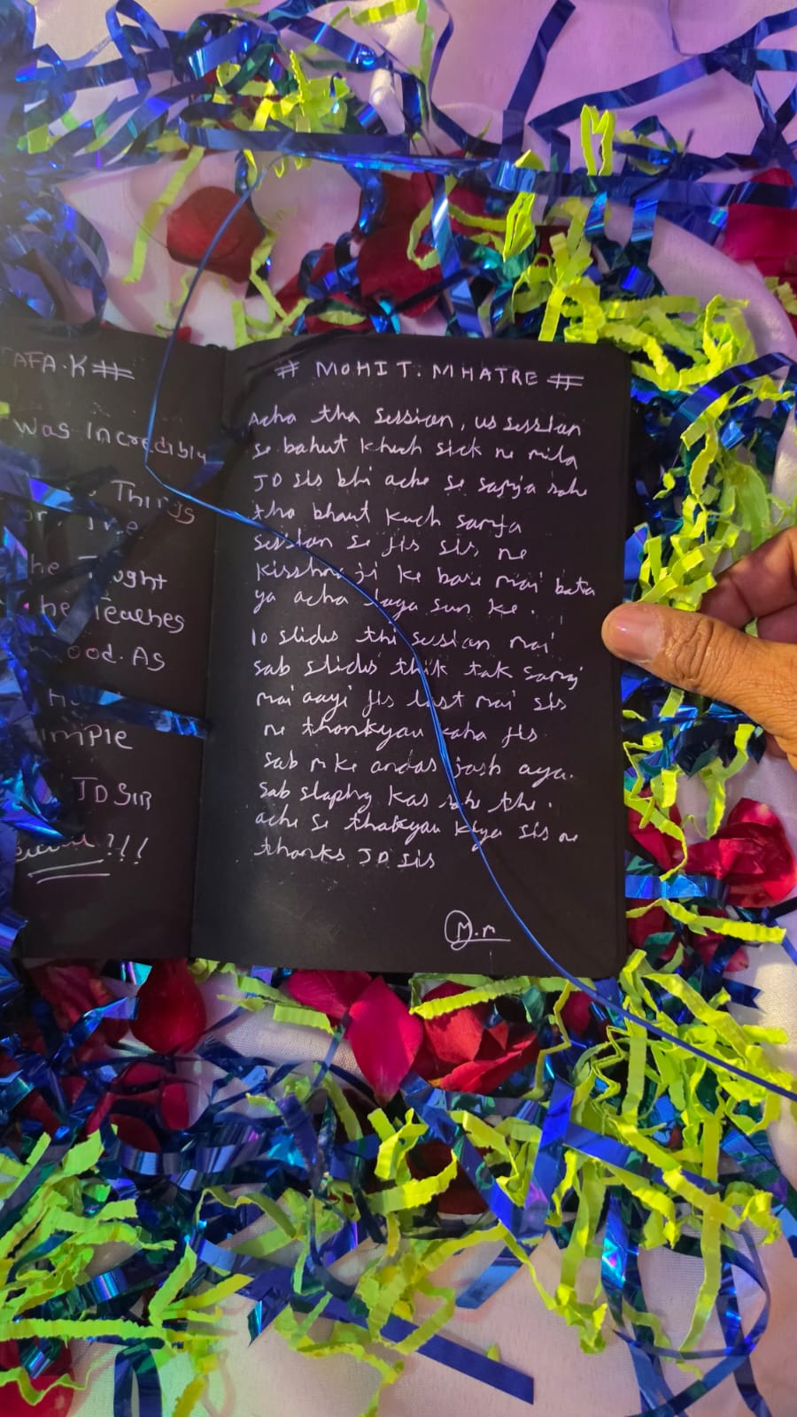 Handwritten note from a patient's session memory book