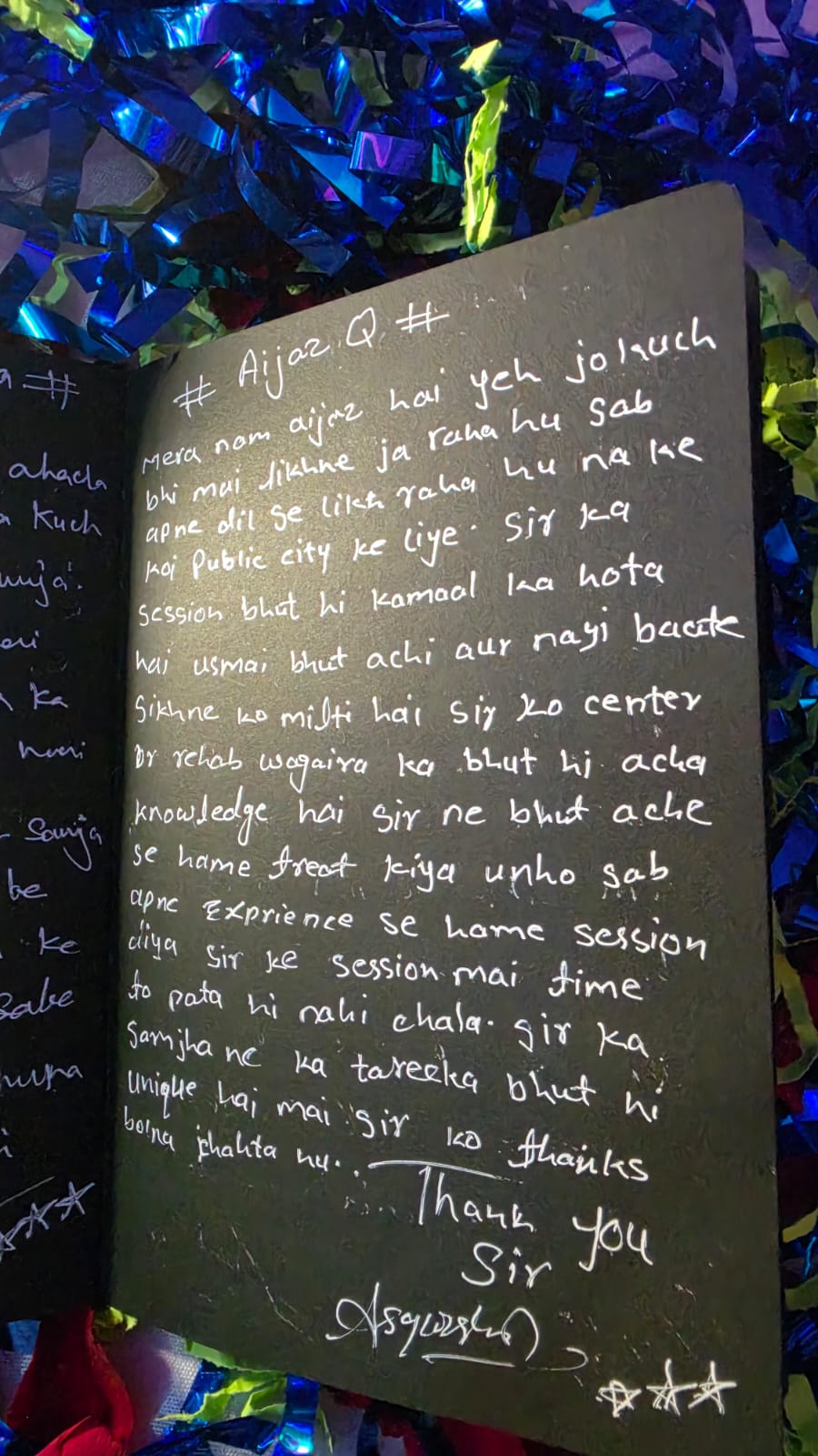 Handwritten note from Aijaz Q.